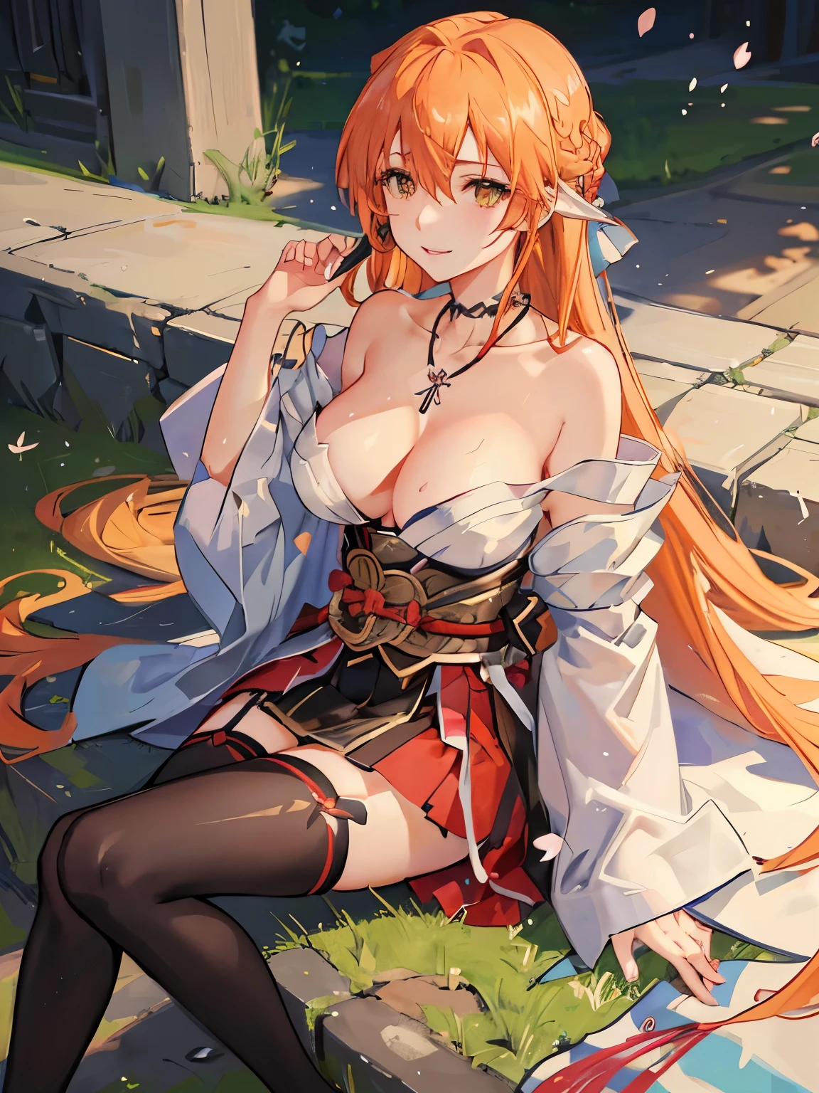 Asuna sword art online, anime style, (masterpiece:1.35),(bestquality:1.4), 8k,ultra-detailed, photography, (ultra-realistic:1.4), film grain, Fujifilm XT3, depth of field, female focus, mature female, cosplay, (sexy Asian female:1.45), looking at viewer, blush, closed mouth, seductive smile, red lips, detached sleeves, (hand grab at the crotch)!!, earrings, pelvic curtain, hair between eyes, orage hair bangs, orange hair, very long hair, detailed realistic hair, hair braid, japanese clothes, Asuna's clothes, detailed realistic clothes, jewelry, detailed jewelry, neck garter, necklace, (covered shoulders)!!, (covered breast)!!, (breast is covered)!!, (covered chest)!!, (chest is covered)!!, super seductive temptation, open skirt, petticoat, fishnet legs, panthyhose, smooth thighs cleavage, (garter thighs), high_thighs, armpit, erotic, nontraditional Asuna, (shiny eyes pupils)!!, detailed eyes, (homochromatic eyes)!, cherry blossom, (sit down at road side)!!, green vilage, cold vibe, asuna yuuki \(sword art online\), (correct anatomically)!