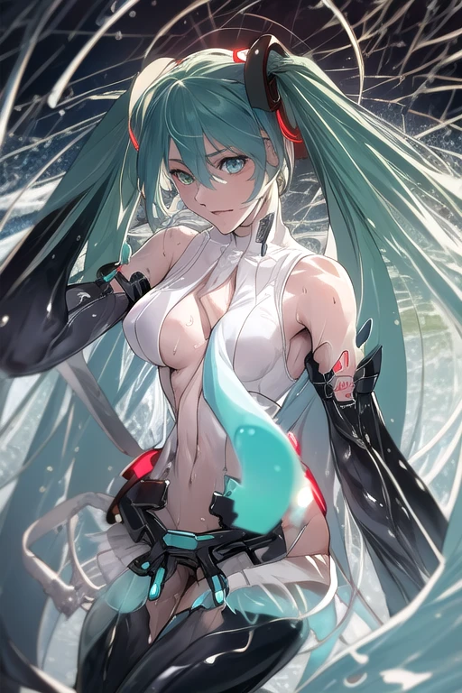 Seios grandes Hatsune Miku，electronic singer，cabelo verde，Ombros nus，uma saia preta，mangas pretas，(Blusa de cor branca)，Roupas brancas，8k，A high resolution，olhos verdes，fundo do concerto，No local do concerto，em concerto，Only beautiful thighs are exposed，the clothes are white，appear on the arm is 01，The number is 01，fundo brilhante，Leaves&#39;, cabelo de alta qualidade 8k ，The eyes of the anime heroine，Olhos de detalhes ultraelevados，olhos de alta qualidade，gravata longa，The length of the tie is thirty cm，Olhos de alto detalhe , and in panties and bra, full body wet from the rain 