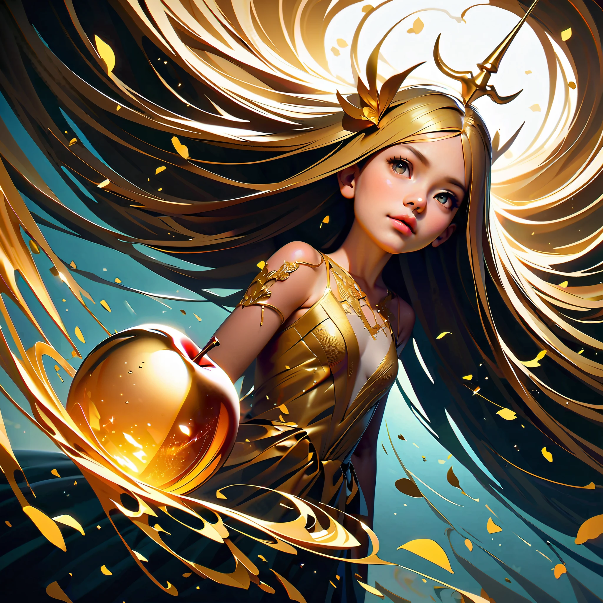 photograph, photorealistic, ultra-realistic, intricately detailed, wide angle, fine fractal glossy vivid colored shiny contours outlines of a glass apple with a ("a glowing golden flying female fairy uses her wand to transform a tree to solid gold.") inside, surreal, gradient, windy, petals floating on the wind, swirling ribbons of ink and light. linquivera, liiv1