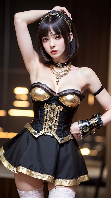 (((masterpiece, highest quality, Super detailed))), 1 naked female, (((medium build))), (((height 170cm))), (((short shoulder length hair, thick and smooth bangs) ) ) , (((Very detailed face))), No cosmetics, medium and thin nose, thin mouth and small lips, (((Very sharp focused eyes))), (Dark gray eyes, sparkling like jewels), eyelashes long, ((Highly decorative and complicated mechanical steampunk fashion, Lace Flare Mini Skirt, over the knee lace stockings, Open Shoulder Lolita Fashion, Too decorative fashion)), Abandoned Night, Elaborate mechanical steampunk factory on fire, explosion, ((( accurate and complete body anatomy))), (((creates very detailed and realistic images))), very realistic photos., (( naked girl, slim waist, sexy, armpits, gold bracelets and necklaces.