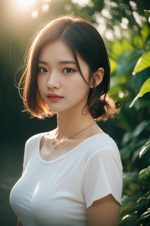 asian lady wear wet wide neck T-shirt,wet, rain, wide neck, black strap, necklace, small breast, rounded shape breast, ((she)), ((mid-shot, full body, slender waist)), Hair Up Do、 Glowing eyes, nose blush, Carl Larsson, Alfonse Mucha, Chiaroscuro, Film Glenn, reflective light, (((mid-Shot))), waist to top,longshot show full body, masterpiece, high details, sun light on her, leaf shading, (()) ,