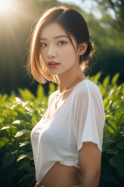 asian lady wear wet wide neck T-shirt,wet, rain, wide neck, black strap, necklace, small breast, rounded shape breast, ((she)), ((mid-shot, full body, slender waist)), Hair Up Do、 Glowing eyes, nose blush, Carl Larsson, Alfonse Mucha, Chiaroscuro, Film Glenn, reflective light, (((mid-Shot))), waist to top,longshot show full body, masterpiece, high details, sun light on her, leaf shading, (()) ,