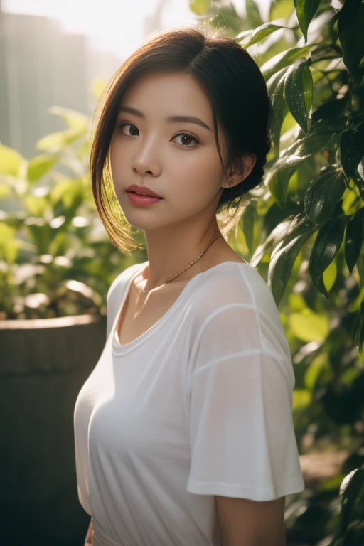 asian lady wear wet wide neck T-shirt,wet, rain, wide neck, black strap, necklace, small breast, rounded shape breast,  ((she)), ((mid-shot, full body, slender waist)), Hair Up Do、 Glowing eyes, nose blush, Carl Larsson, Alfonse Mucha, Chiaroscuro, Film Glenn, reflective light, (((mid-Shot))), waist to top,longshot show full body, masterpiece, high details, sun light on her, leaf shading, (()) ,