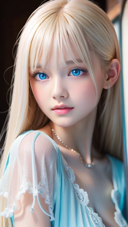 White shiny skin、Mysterious platinum blonde hair color that changes with light、Long bangs obstruct the view、Glossy highlight on cheeks、Very beautiful face、Sexy and very beautiful lovely cute gorgeous face、The most beautiful girl in the world、Super long gorgeous bright blonde hair、smooth straight blonde hair、 Very large, sparkling light blue eyes、beautiful bangs、16 year old beautiful cute girl、small face beauty、cheek gloss highlight、