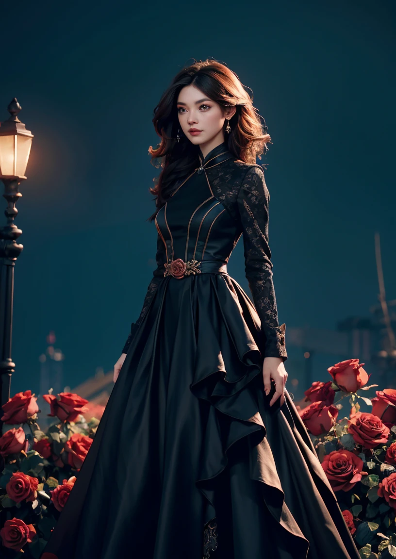 32k full-body abstract photo,bright detail,A beautiful woman in a black dress, Coated with curly red rose granules, Blue sky palette, James Jean, insanely details, Very detailed, Epic, Dramatic, Photorealistic, Photography, Super gorgeous details, Bokeh, Special, Ultra detail, unreal