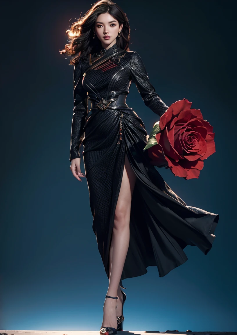 32k full-body abstract photo,bright detail,A beautiful woman in a black dress, Coated with curly red rose granules, Blue sky palette, James Jean, insanely details, Very detailed, Epic, Dramatic, Photorealistic, Photography, Super gorgeous details, Bokeh, Special, Ultra detail, unreal