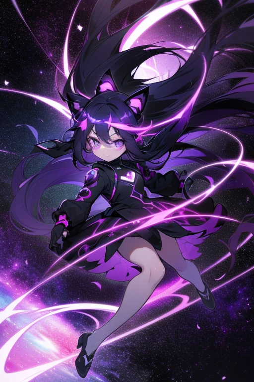 In the darkness, Dark Space, A little Loli with purple and black long hair is suspended in the air, seems very small, Her hair glows a dark purple, A mysterious dark purple light emanates from the eyes, She was dressed in black, Behind her is the mysterious galaxy universe, Double tail, Looking forward with a serious expression, There is no decoration on the head, Two-dimensional style, full-body shot