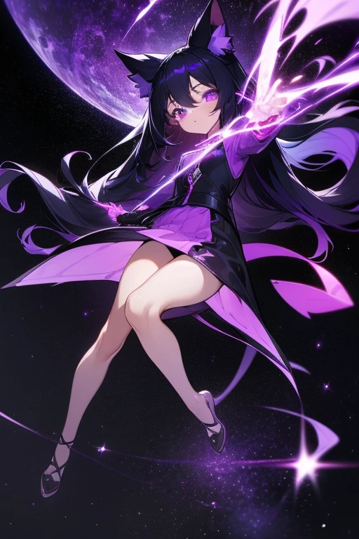 In the darkness, Dark Space, A little Loli with purple and black long hair is suspended in the air, seems very small, Her hair glows a dark purple, A mysterious dark purple light emanates from the eyes, She was dressed in black, Behind her is the mysterious galaxy universe, Double tail, Two-dimensional style, full-body shot
