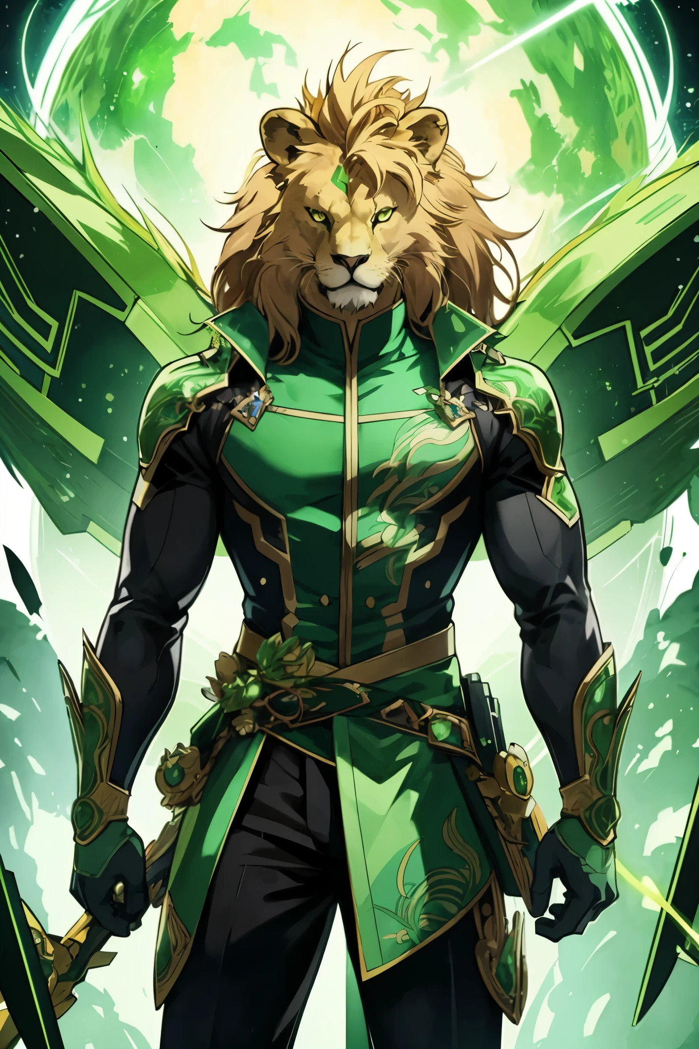 (ultra-detailed, stylish, vibrant), a green anime lion,
a blockchain guardian in the form of a lion,
the lion's mane made up of intricately designed digital codes,
sharp, glowing eyes emitting a soft, green glow,
the lion's body boasting detailed textures and shading,
sleek and modern, standing tall and proud,
BREAK, in the context of a cyberworld or metaverse,
the green anime lion serves as a protector of digital assets,
a masterpiece of anime art, ethereal and otherworldly,
high resolution, every detail emphasized and clear,
realistic