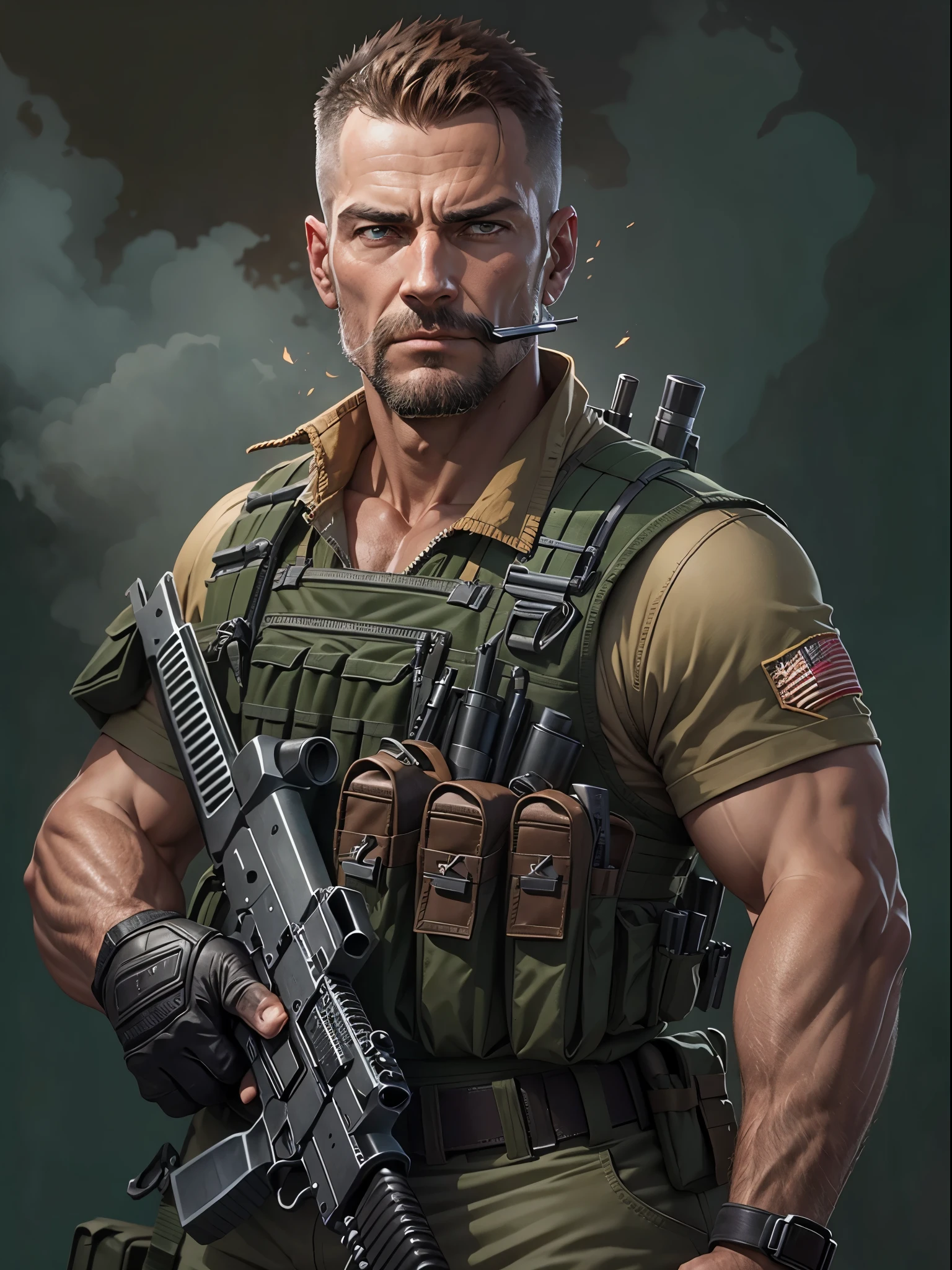Mercenary, male focus, holding an assault rifle with two hands, load-bearing vest, ammunition belt, danger atmosphere, war zone, auburn hair, crew cut, dark grey eyes, age 45. cigar in mouth