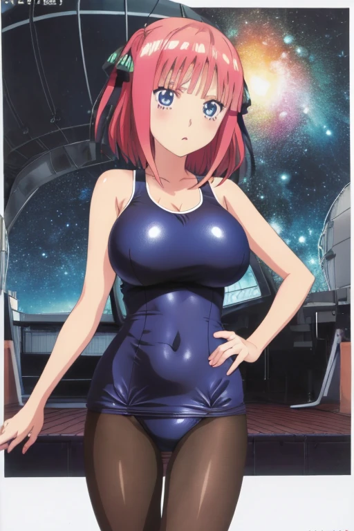 best quality, ultra-detailed masterpiece, anime art style, cute characters, nino nakano, one-piece swimsuit, large breasts, pantyhose, serious expression, The background is a large scientific observatory with a large screen and many staff members