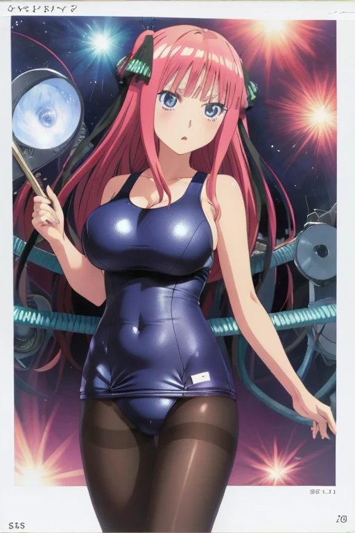 best quality, ultra-detailed masterpiece, anime art style, cute characters, nino nakano, one-piece swimsuit, large breasts, pantyhose, serious expression, The background is a large scientific observatory with a large screen and many staff members