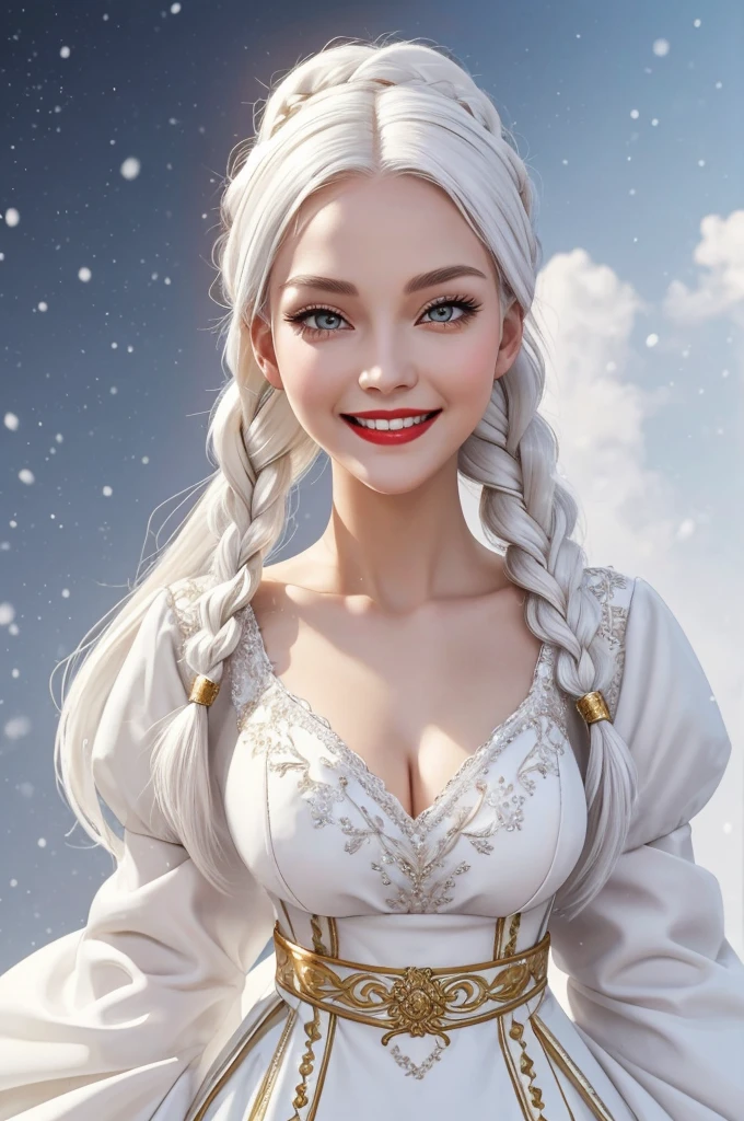 best quality, masterpiece,white hair, gold eyes,white clothes, looking up, upper body,hair strand,Fair skin,side braids Large bosom, extremely thin waist, exstremely thin hips. large red lips. Wide smile, gown the color of snow. Good humored whimsical full face.