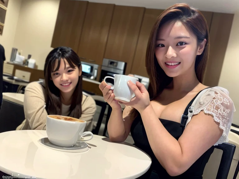 (best quality,4k,8k,highres,masterpiece:1.2),ultra-detailed,(realistic,photorealistic,photo-realistic:1.37),2girls:1.4,jeongyeonlorashy,two girl baristas serving coffee,half body, ((tiny cleavage, slim body:1.2)), super detailed,ultra HD,high quality,extremely detailed,accurate faces,coffee cups,espresso machine,vibrant and cozy cafe, sundresses,delicate latte art,playful expressions,flawless skin,fine facial features,softly curled hair,warm lighting,rich color palette,bokeh accents,tantalizing aroma,leisurely atmosphere,meticulously brewed coffee,interacting with customers,friendly smiles,relaxing jazz music,inviting seating area,moderately busy cafe,scrumptious pastries,beautifully decorated cakes,pleasant conversation,budding friendship,trendy and stylish decor,elegant hand gestures,steaming coffee mugs,coffee beans in grinder,graceful movements,moment of shared laughter,memorable ambiance