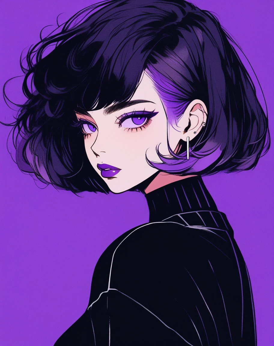 (best quality, sketch:1.2),realistic,illustrator,anime,1 girl, detailed lips,sweater,custom, dark background,neon hair,textured cropping,Canadian, masterpiece, style retro classic, noir dark, art, sketch book, (bob hair purple:1.35, black:1.55), bad women 