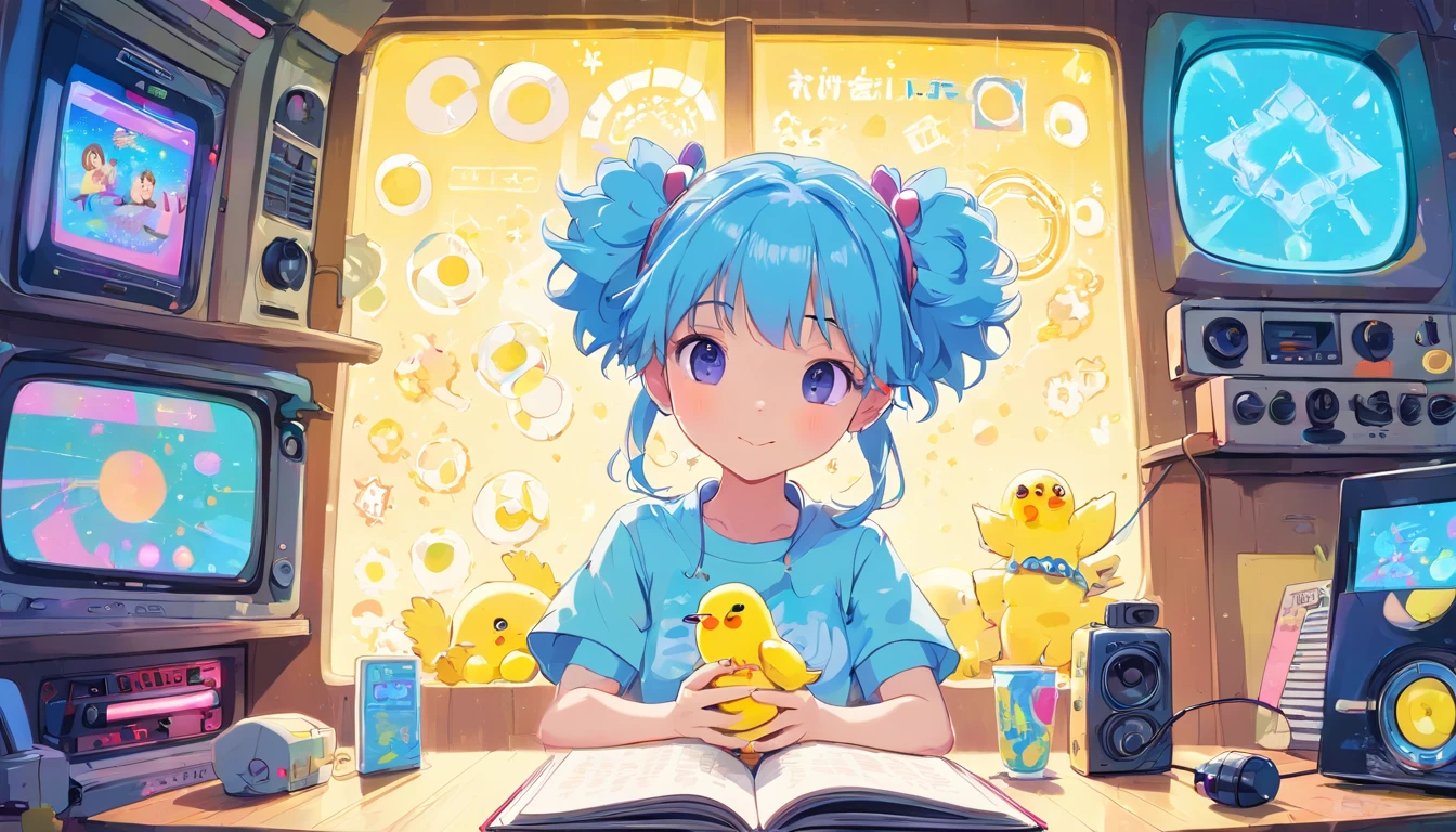 (((Neon colorの女の子のUP)))、(((The girl's face is well visible)))、make many round chicks、((12 years old))、(((cassette tape、radio cassette player、record)))、cute beautiful girl、((Listening to music with headphones on))、machine、computer、star、流れstar、light bulb、window、Chair、curtain、retro、(((80s))) Neon color、pastel colour、((blue and white room))、Polka dot pattern、lemon、80'sパターン、round pattern、square pattern、Cartoon screentones、Dot pattern is applied from above, chick chick、Cotton candy、candy、(((Get into a rhythm))), (((lofi-art))), Cute white fur ball creature、(((The structure and balance of the face of the human body, objects, and living things are well-balanced without any discomfort.))), (((the fingers of the hand５Book))), (((beautiful and well-shaped body)))、(((Cute and beautiful face)))、Ramune Ramune Ramune、summer