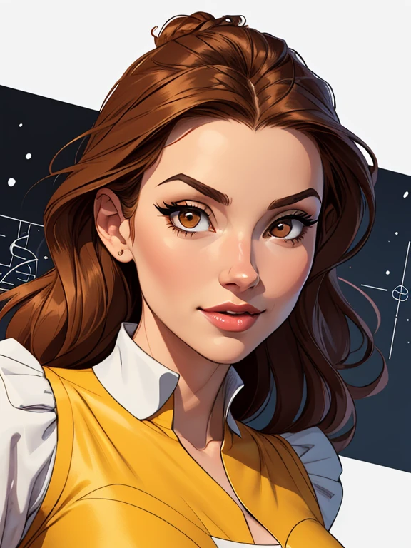 Cartoon style digital illustration Artline drawing white background portrait style image character from Beauty and the Beast. Bela:Physicist: Beautiful cartoon style digital illustration young woman with long brown hair and expressive brown eyes. Ela tem uma postura graciosa e elegante.Roupa: veste um deslumbrante vestido amarelo.Fera:Physicist: 2 character is Snow White
