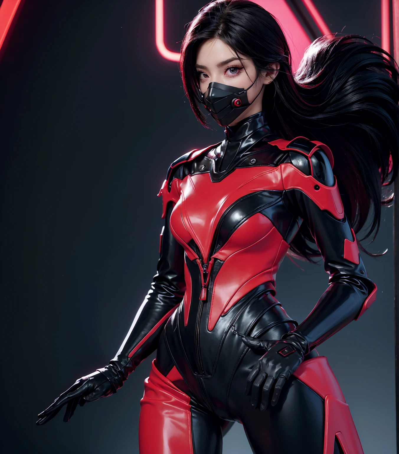 solo, super fine photo, portrait Unreal Engine 5 8K UHD of a couple, red and black color scheme tight cybernetic latex catsuit, cyberpunk face mask, cybernetic glove, futuristic design, magenta neon lights details, beautiful make up, luxurious, best quality, masterpiece, official art, unified 8k wallpaper, super detailed, sharp focus, dynamic pose, body parts