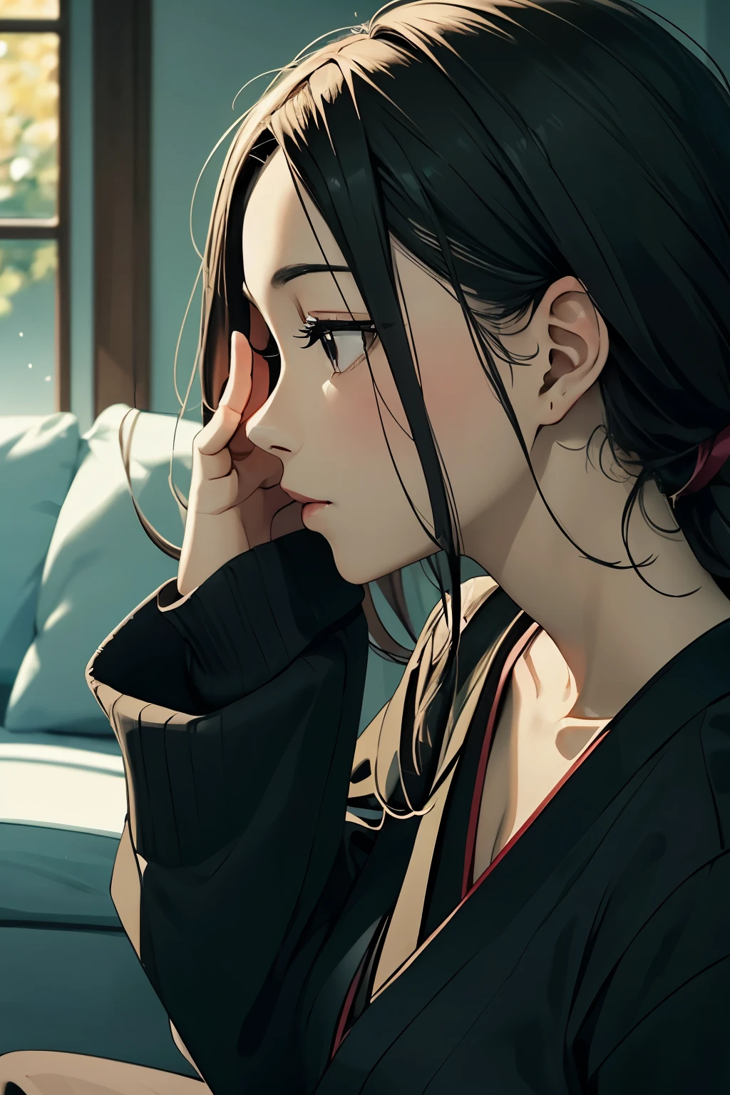 There is a woman sitting on the sofa with her hand on her chin., anime girl profile, Chiho, profile portrait, Yoshitomo Nara, elegant japanese woman, elegant profile pose, Cute girl - well-groomed face, Female Profile, young asian woman, beautiful japanese girl face, by Torii Kiyomoto