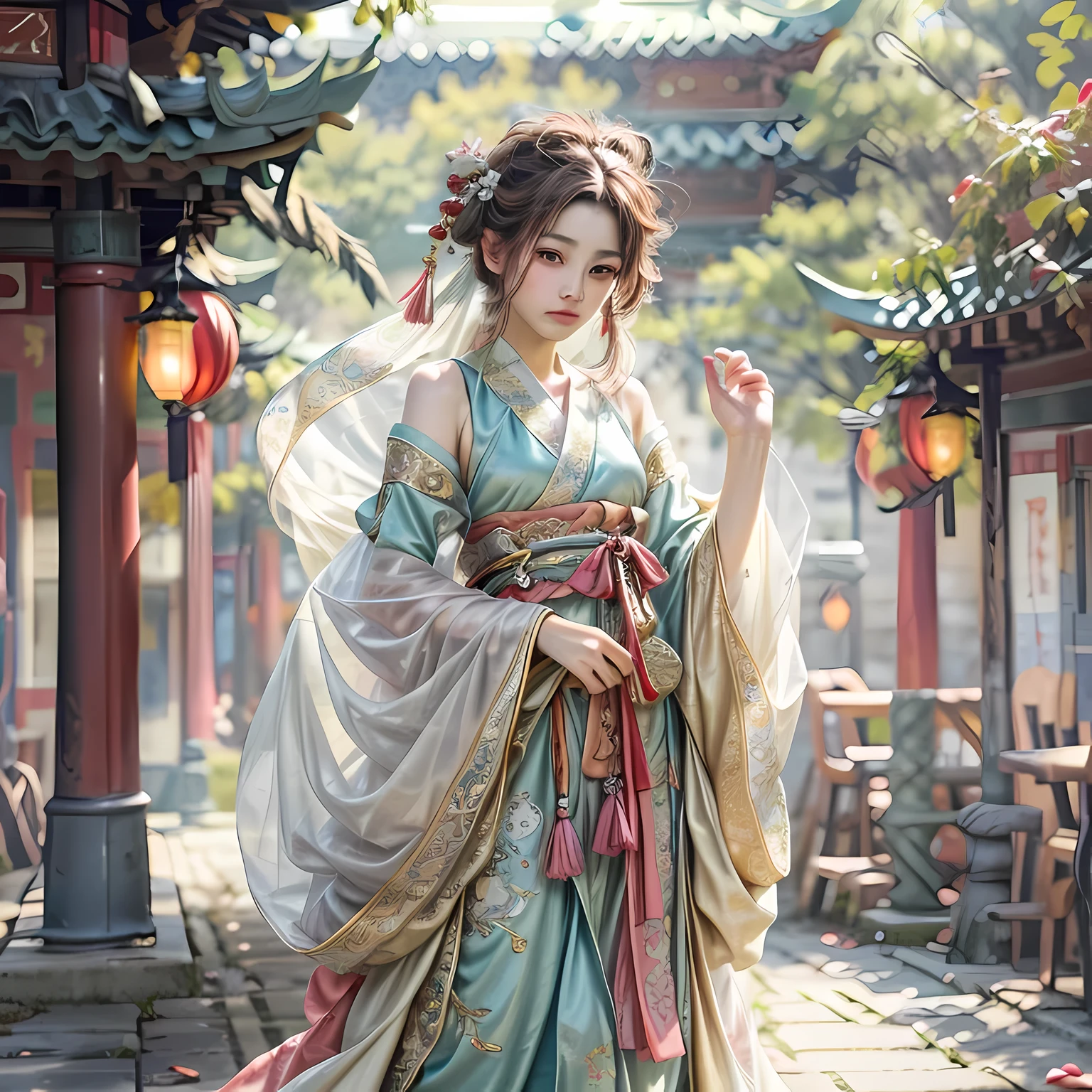 best quality, Masterpiece, high resolution, 1 girl, Hanfu, Tang Dynasty costumes, small, Flat chest, collarbone, Beautiful face with closed shoulders, realistic, real person, (Highly detailed skin: 1.4), SLR, soft light, High quality, photograph, high resolution, background bokeh, vintage road