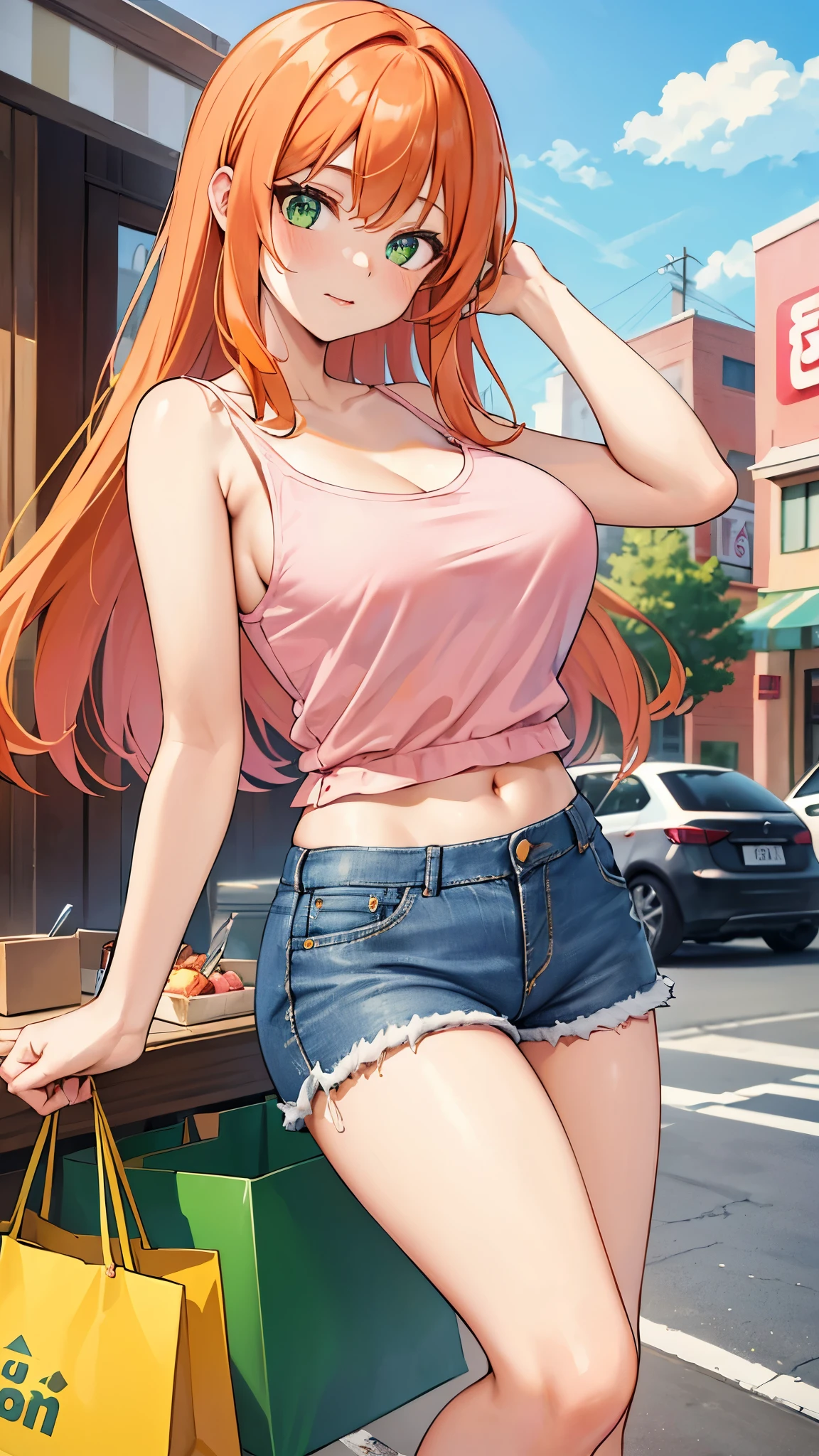 ((orange hair)), green eyes, Long half-up hairstyle, bust, ((lip whole)), ((masterpiece)), ((be familiar with)), ((pink camisole)), ((open jean shorts)), ((highest quality)), ((Outdoor shopping)), big breasts, looking at the viewer