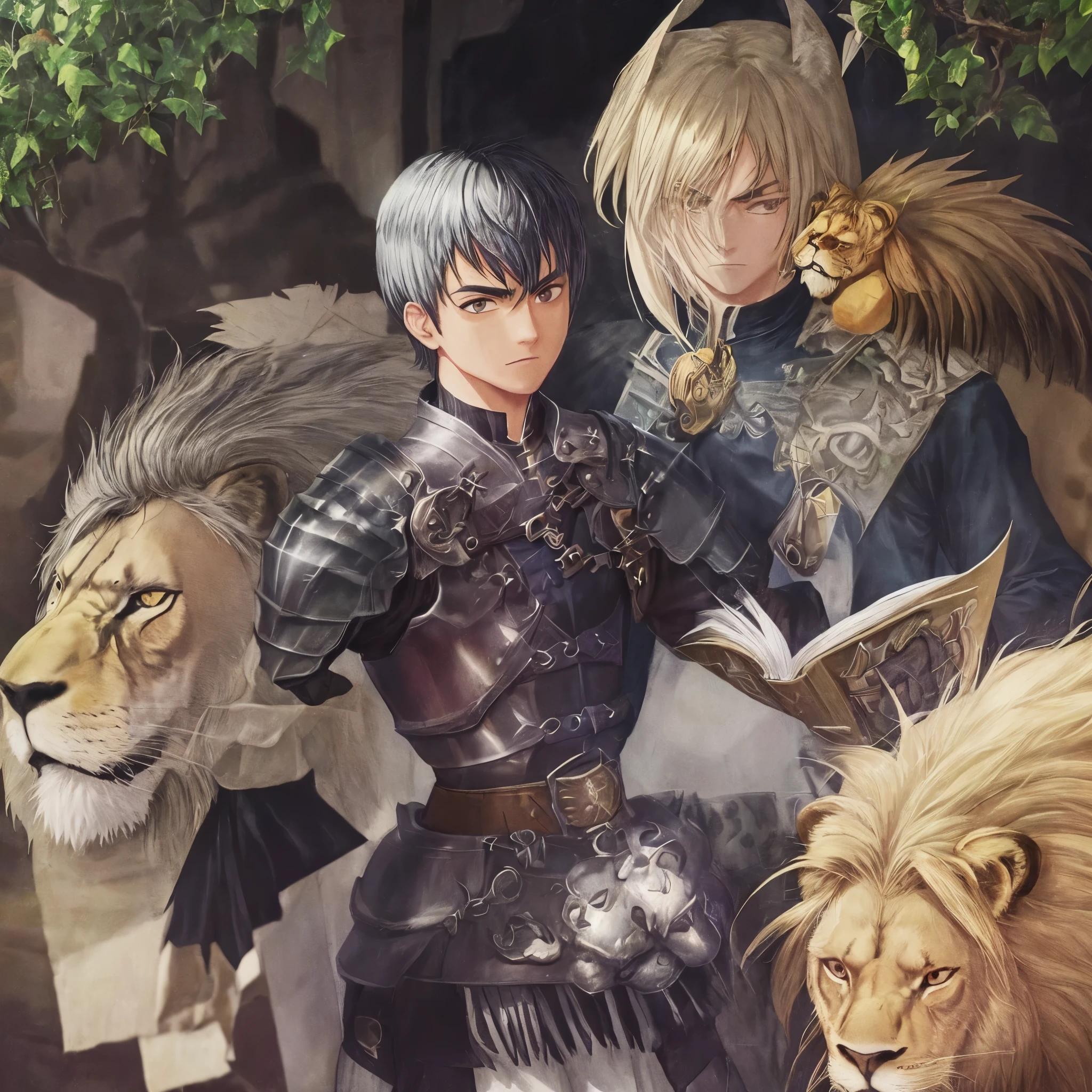 Chico anime, moreno, cara visible, brazos de metal, alto, with armor and two lion skulls on his shoulders, en una mano una espada y en la otra un libro negro