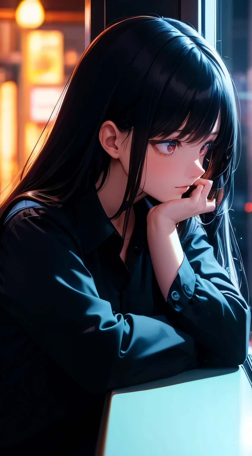 (super detailed,ultra high resolution,detailed background),(night),(far),chiaroscuro,Cafe,indoors,focus only,Street space,neon light,throw,(at the window),1 girl,Landscape,facing away,(look away),black hair,long hair,distracted,sitting,black collared shirt,(arm support),