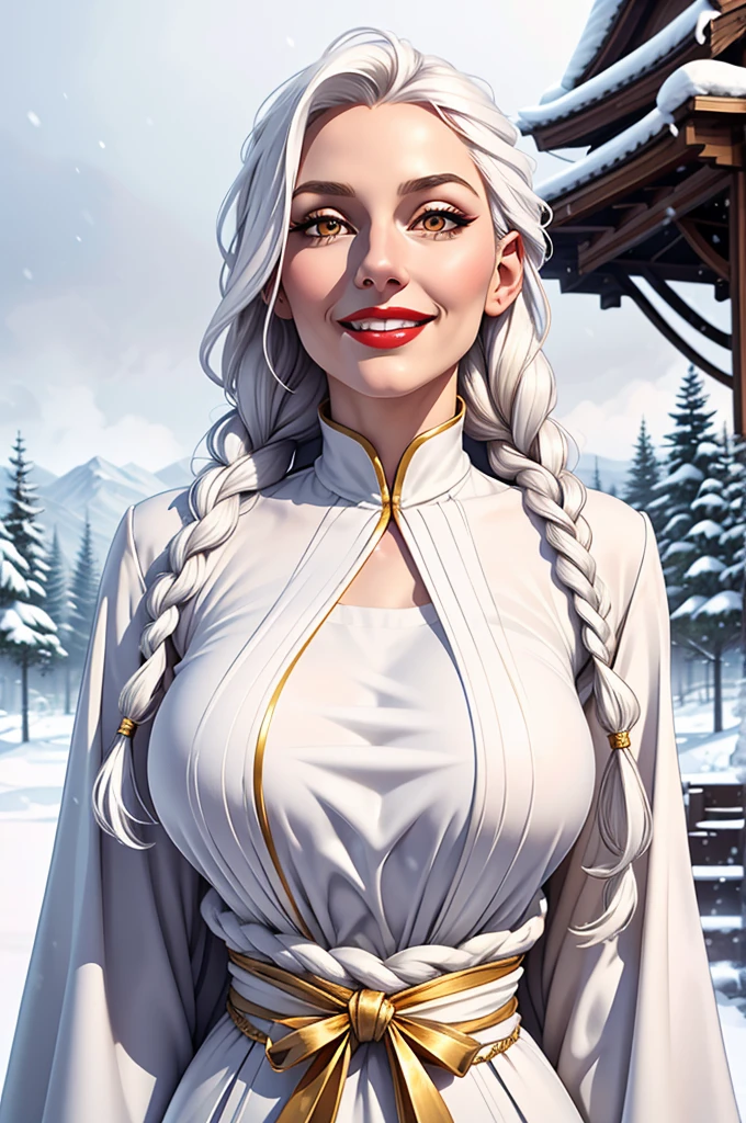 best quality, masterpiece,white hair, gold eyes,white clothes, looking up, upper body,hair strand long hair,Fair skin,side braids with coloured threads braided in them. Large bosom, extremely thin waist, exstremely thin hips. large red lips. Wide smile, gown the color of snow. Good humored whimsical full face.