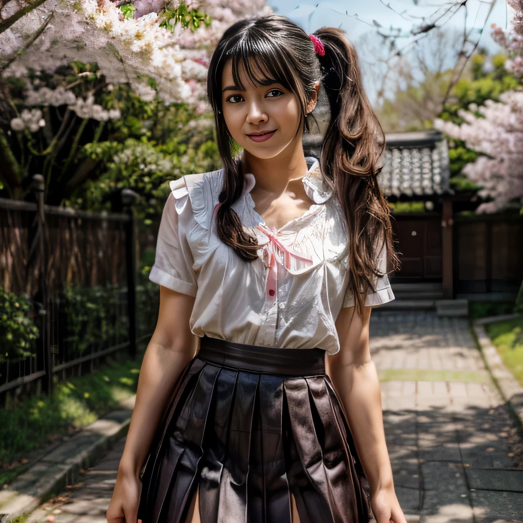 cute teenage girl, cute smile、pretty face、Height: approx. 160cm, brown eyes, Wearing a Japanese high 、ribbon on the chest、wear a pleated skirt、In the row of cherry blossom trees、double ponytail black hair, masterpiece, 最high quality, 超high quality, high quality, High resolution, ultla High resolution, disorganized, 4k, 8K, 16k, very detailed, Complex, great shading, high contrast, realistic, photo realistic, RAW photo, photo shoot, super detailed illustrations, shortening, perfect anatomy, correct anatomy, perfect proportions, perfect face, perfect hands, perfect legs, perfect fingers