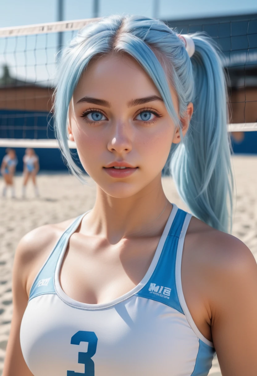 (masterpiece, best quality, photorealistic, Instagram photo,1 girl, Nia Johnson, sexy girl, beautiful girl, young lady, solo, Realism, natural light, ray tracing, Subsurface scattering, high-resolution, realistic style, 8k , official art, aesthetic, high contrast, extreme detailed background, soothing tones, realistic, beautiful light blue eyes, (determined face), perfect face, detailed face, detailed hair, shiny skin, perfect skin, 20 years old:1.2), blush,(opening clothes:1.3), Thick long light blue hair, ponytails, (wide shot:1.3),(breast,nipples,cleavage:1.3), (Sports theme:1.5),((playing volleyball, Jumping with joy)), (wearing white_light_blue_volleyball_sports_uniform:1.3),1girl,Breasts
