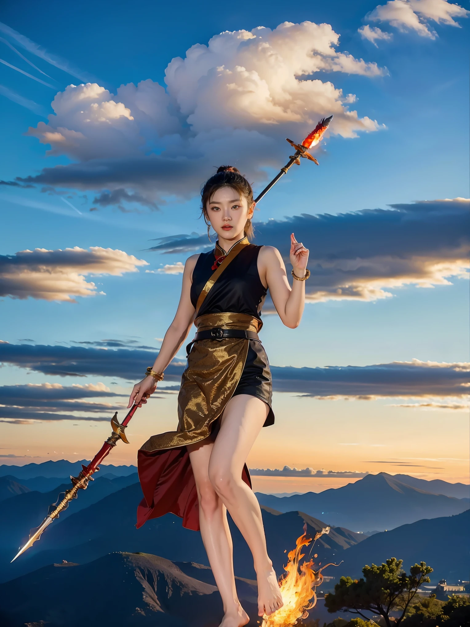 1 girl,  holding a spear, (fly), Chinese legend,cloudy, Detailed skies, abstract background, (flame_power surge_style:0.5)