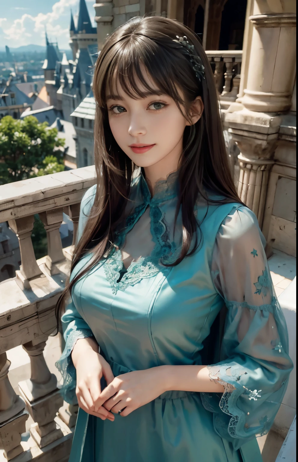 (Surrealism)、(Enlightenment)、(high resolution)、(8K)、(Best Illustration)、(The eye details are exquisite)、(top quality)、(Super detailed)、(masterpiece)、(wallpaper)、(a delicate face)、alone、looking at the audience、a delicate face、purebred face_v1、a smile、 long hair、plump breasts、46 points oblique bangs、((green lace dress))、((Beautiful woman standing on the balcony of the castle))