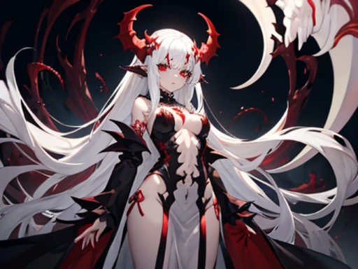 Monster girl with Bone tentacles, She has shiny red eyes with white hair, She has tiny breasts, Small breasts, Flat bust, She is wearing demonic costume, Glowing robe, Blood is dripping from her eyes, Bleeding scars, White bone tentacles