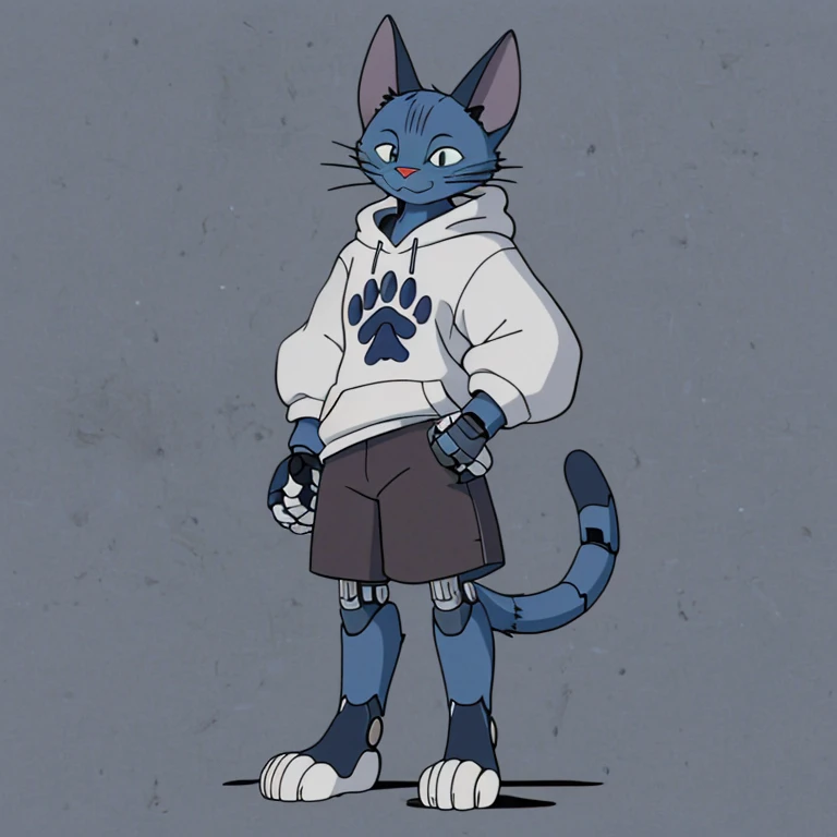 Furry blue cat, half cyborg, your body contains robotic parts, wears a long dark gray sweatshirt with a big paw print in the middle, the sleeves of the coat are striped between white and dark gray, brown shorts, showing his paws.