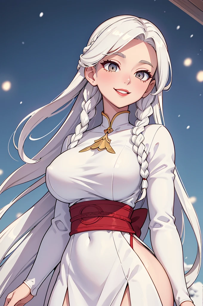 best quality, masterpiece,white hair, gold eyes,white clothes, looking up, upper body,hair strand long hair,Fair skin,side braids with coloured threads braided in them. Large bosom, extremely thin waist, exstremely thin hips. large red lips. Wide smile, gown the color of snow. Good humored whimsical full face.
