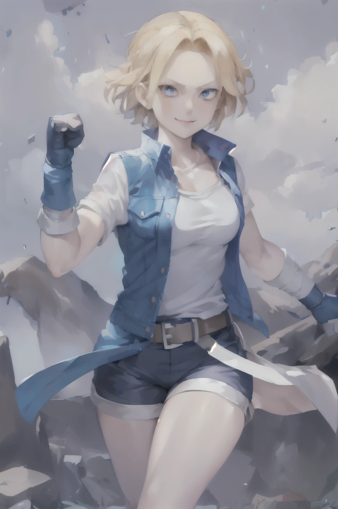 anime girl with blue eyes and a white shirt and blue shorts, annie leonhart, hq artwork, android 18, badass anime 8 k, female protagonist 👀 :8, high detailed official artwork, looking like annie leonhart, 4 k manga wallpaper, badass pose, official artwork, portrait of a female anime hero, anime style 4 k, girl