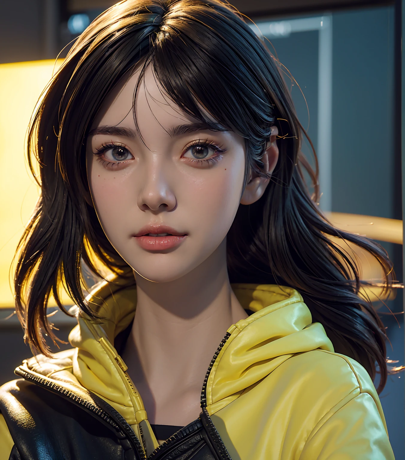 a close up of a person with a yellow jacket and a yellow hoodie, wojtek fus, 4k detailed digital art, portrait of max caulfield, anime style 4 k, realistic digital art 4 k, realistic digital art 4k, 4k highly detailed digital art, beautiful digital artwork, detailed digital anime art, epic digital art illustration, 8k hd wallpaper digital art