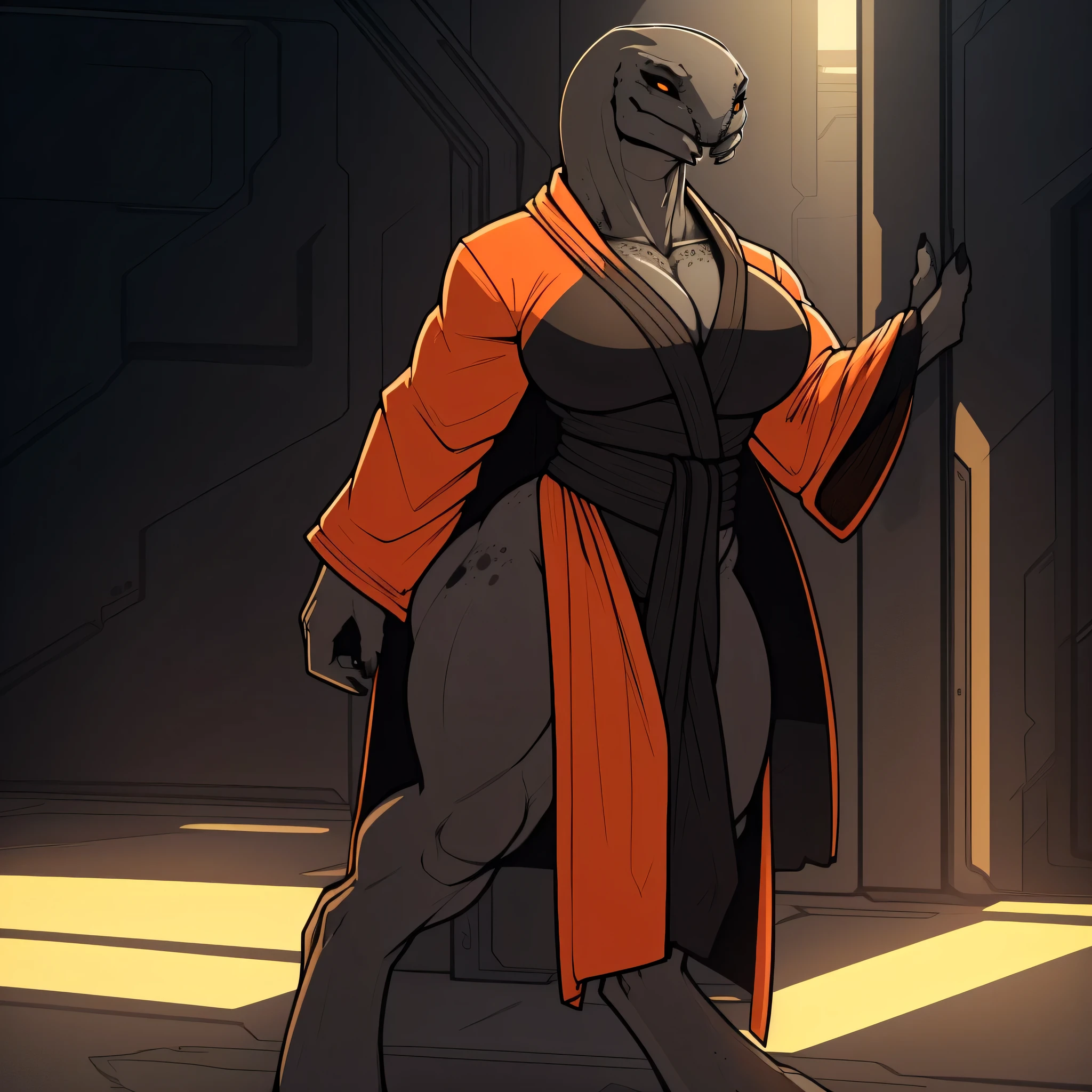 Tall_thick_bodied_Muscular_mature_sangheili female dark_gray_scaled_body orange_iris black_sclera robes solo Masterpiece best_quality absurdres highly_detailed cleanly_drawn_eyes anthro_only by_claweddrip, by_greasymojo, by_underscore-b, by_runawaystride