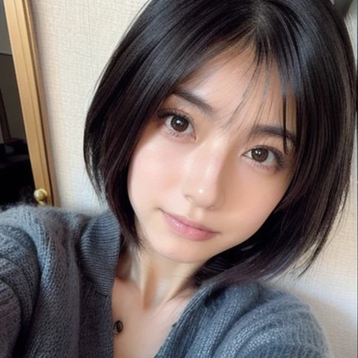 japanese woman、１８age、、morning、one&#39;s home、Selfie style、Upper body projection、Below average face、medium hair、face with makeup、old face、Ugly、Ugly、dark look