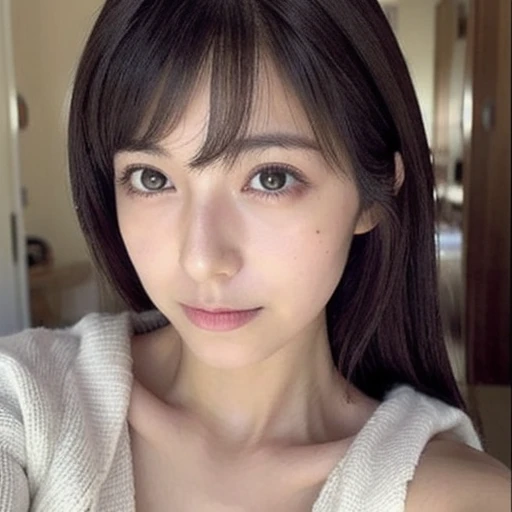 japanese woman、１８age、、morning、one&#39;s home、Selfie style、Upper body projection、Below average face、medium hair、face with makeup、old face、Ugly、Ugly、dark look