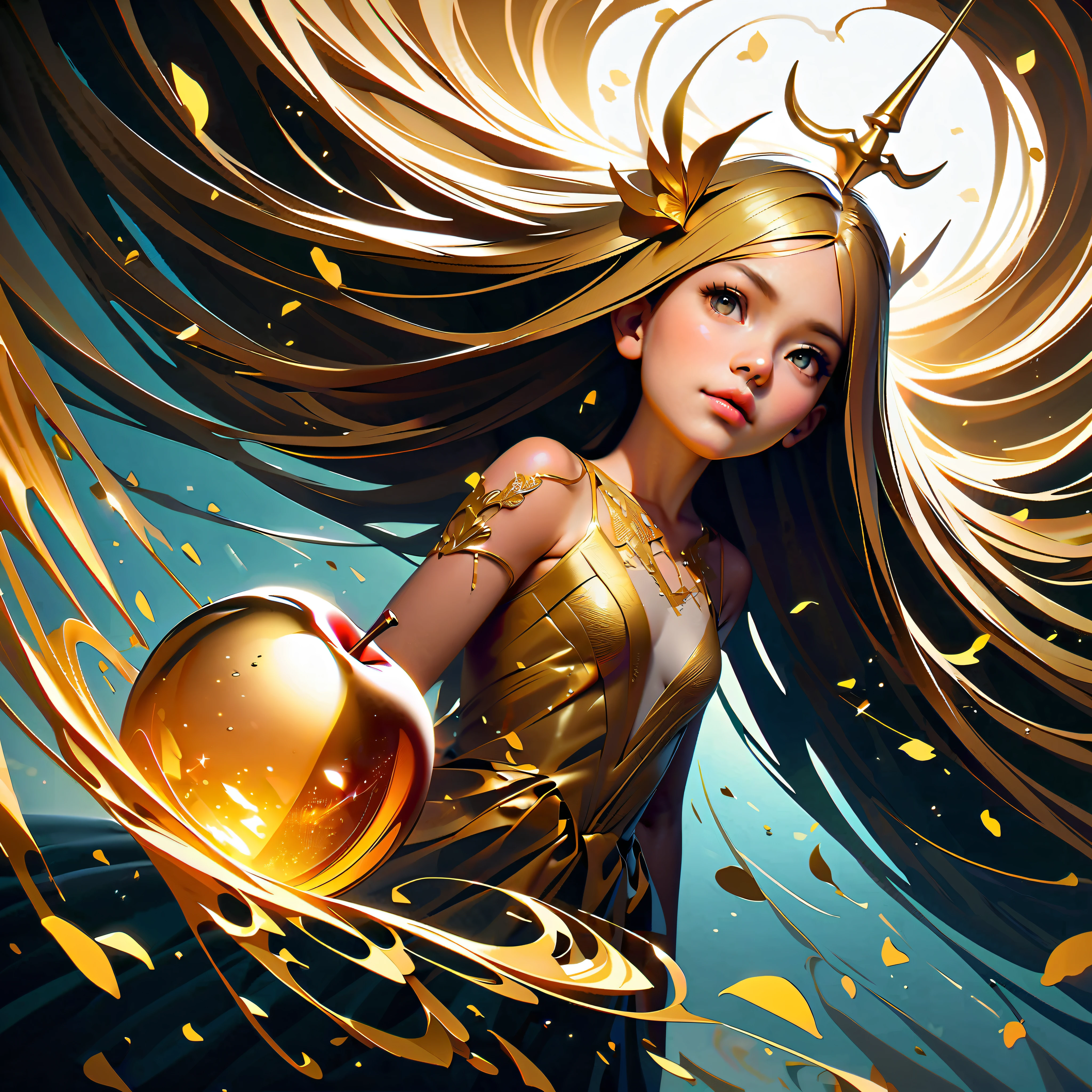photograph, photorealistic, ultra-realistic, intricately detailed, wide angle, fine fractal glossy vivid colored shiny contours outlines of a glass apple with a ("a glowing golden flying female fairy uses her wand to transform a tree to solid gold.") inside, surreal, gradient, windy, petals floating on the wind, swirling ribbons of ink and light. linquivera, liiv1