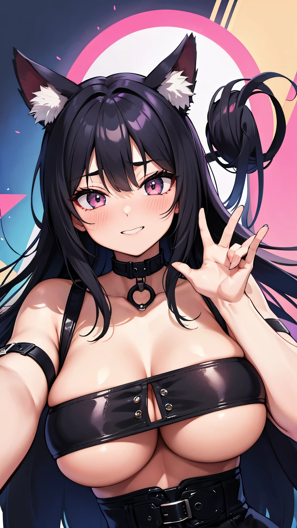 black hair, hair bobble, wince, long eyelashes, solid circle eye, fake animal ears, light smile, ear blush, tooth, surrealism, cast a shadow, anaglyph, stereogram, tachi-e, throw, atmospheric perspective, 8K, Super detailed, Accurate, highest quality, nude