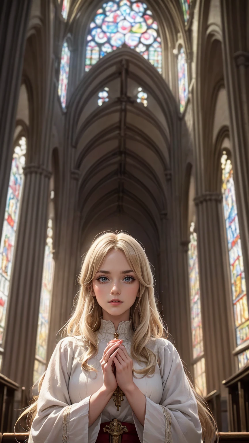 ((最high quality, 8K, masterpiece: 1.3, Ultra HD, high quality, 最high quality, High resolution, realism)) 、white woman、platinum blonde、long hair、wavy hair、Valkyrie、In the cathedral of a church with stained glass、Light shines through the stained glass、God descends、receive blessings from god