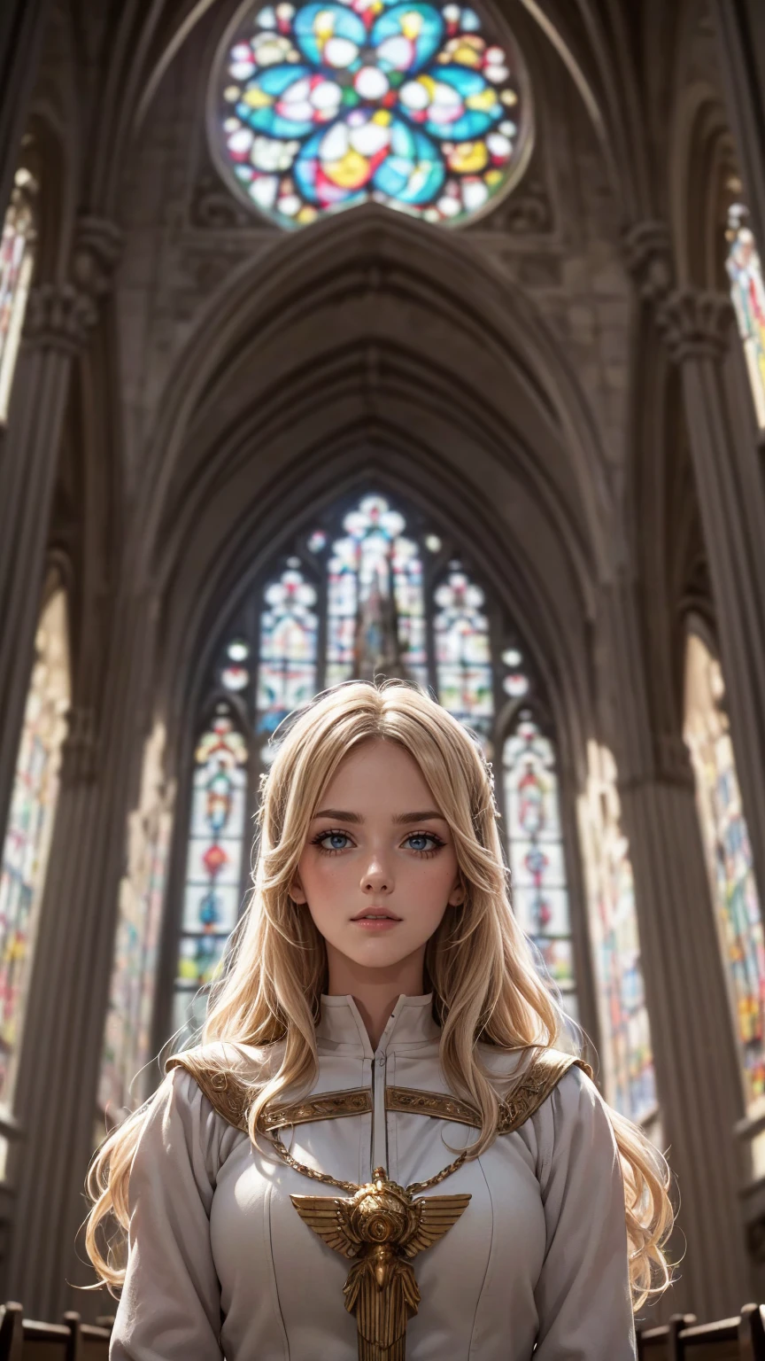 ((最high quality, 8K, masterpiece: 1.3, Ultra HD, high quality, 最high quality, High resolution, realism)) 、white woman、platinum blonde、long hair、wavy hair、Valkyrie、In the cathedral of a church with stained glass、Light shines through the stained glass、God descends、receive blessings from god