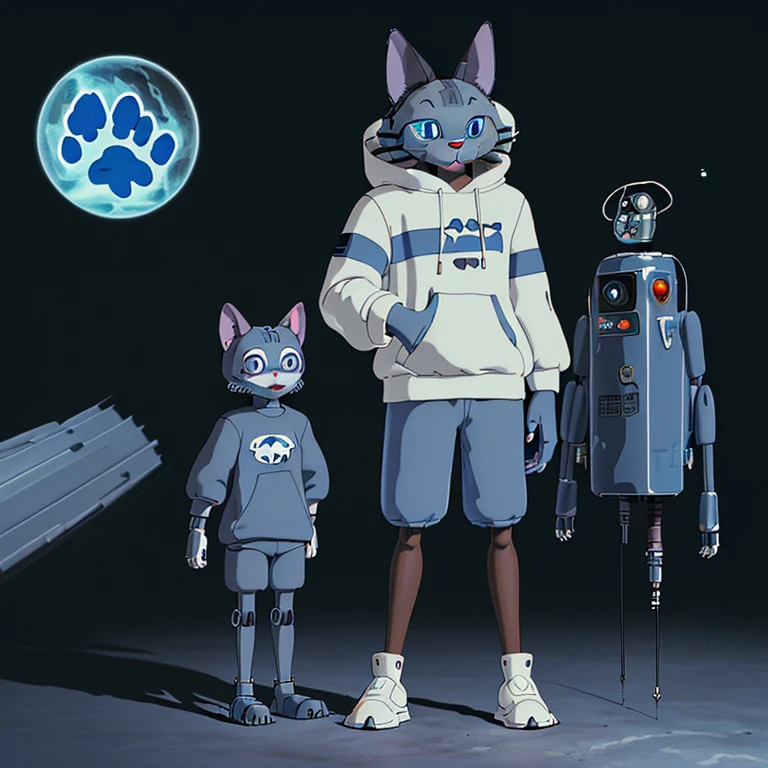 Furry blue cat, half cyborg, your body contains robotic parts, wears a long dark gray sweatshirt with a big paw print in the middle, the sleeves of the coat are striped between white and dark gray, brown shorts, showing his paws. The character is in outer space 