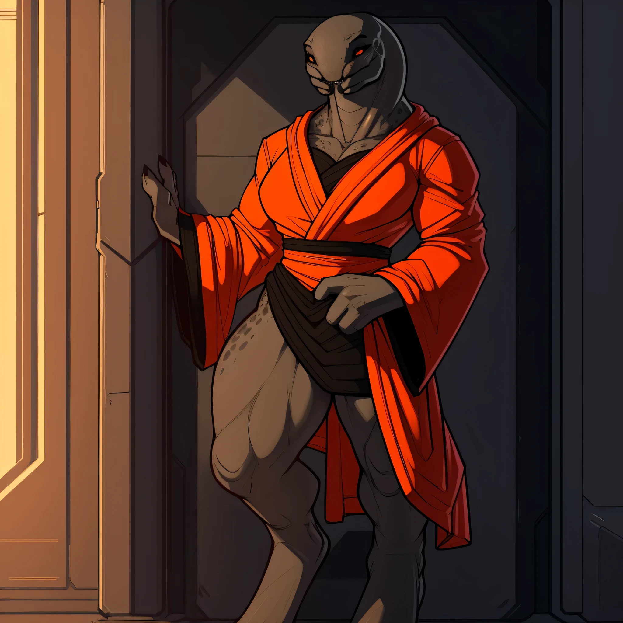 Tall_thick_bodied_Muscular_mature_sangheili female dark_gray_scaled_body orange_iris black_sclera robes solo Masterpiece best_quality absurdres highly_detailed cleanly_drawn_eyes anthro_only by_claweddrip, by_greasymojo, by_underscore-b, by_runawaystride