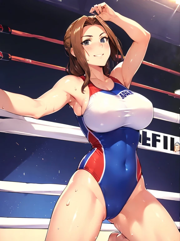 ((Best quality)), ((masterpiece)), 30s mature female wrestler wearing competition swimsuit, ((wrestling ring)), sweaty armpit, looking at viewer, smile, highleg, long hair, curvy, 