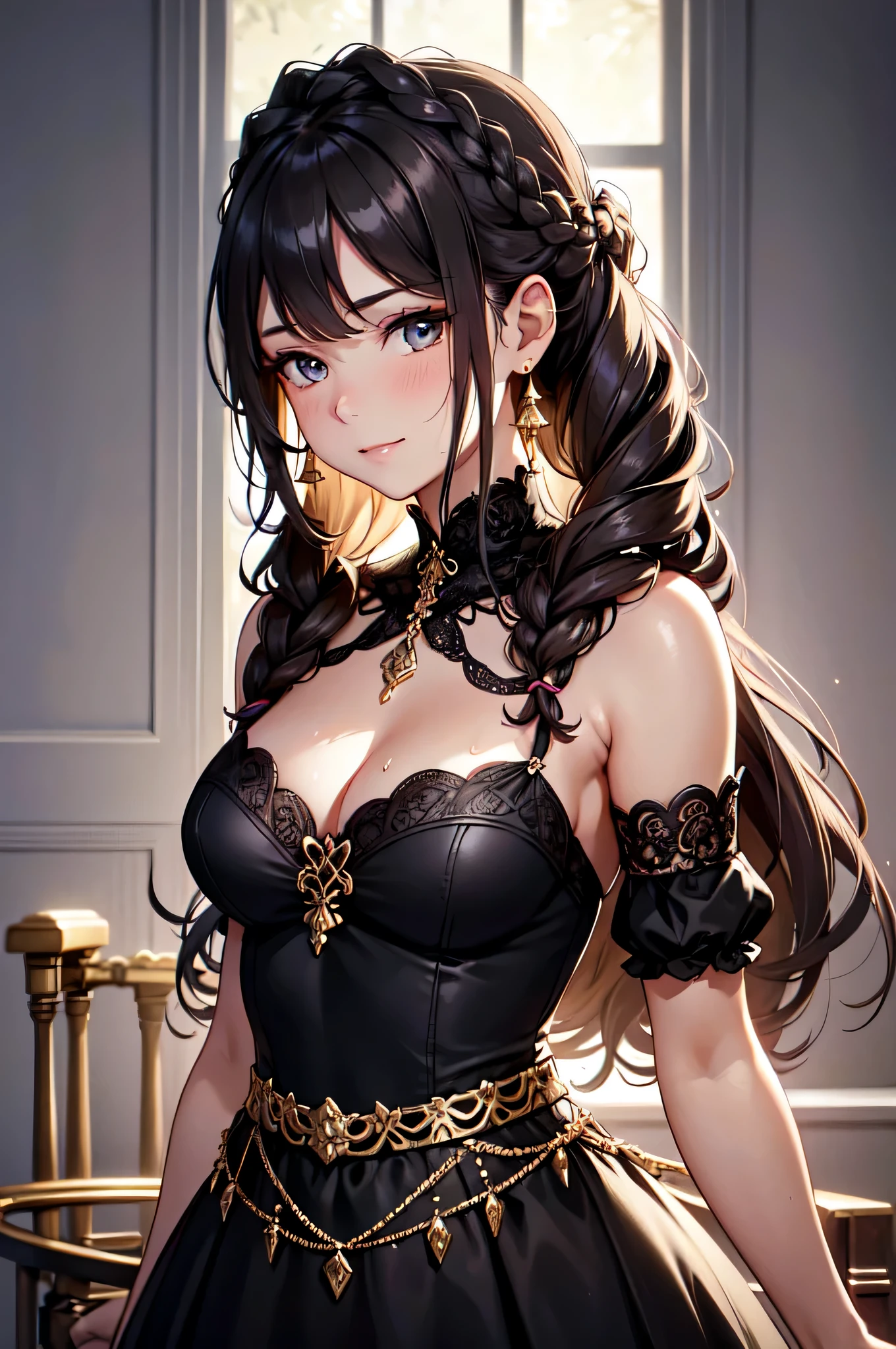 (high quality,High resolution,small details,realistic),alone,adult woman,sparkling eyes,Black lace dress smiling,blush,big breasts,Sweat,oily skin,braided hair,shiny texture,bouncy curls,Voluminous Rock,Fancy hairstyle,exact details,dark brown strands,carefully woven,feminine charm,Fashionable appearance,flowers and braids,flying strands,natural highlights,soft and silky,perfect style,Securely fastened,beautifully woven,intricate design,complicated pattern,ornate hair accessory,Subtle movements,Shining luster,cascade knitting,perfect technical,perfect execution,sophisticated elegance,Gorgeous black updo,careful braiding,exquisite craftsmanship,stunning braided hairstyle,enchanting beauty,Colorful ribbons,Detailed vine,fantastic charm,soft wave,subtle curls,vivid highlights