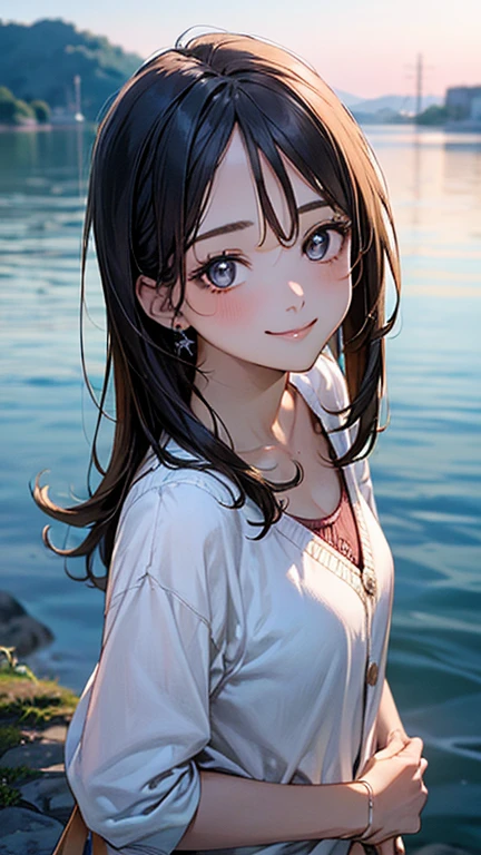 (obra de arte:1.2, maximum quality), (realista, photorealista:1.4), beautiful illustration, (natural side lighting, film lighting),
olhando para o espectador, tiro de vaqueiro, vista frontal:0.6, 1 garota, Japanese, High school girl, rosto perfeito, beautiful and symmetrical face, pele brilhante,
(cabelo longo:1.4, meio penteado:1.5, Cabelo castanho claro), cabelo entre os olhos, olhos castanhos escuros, chicote de olhos longo, (Seios grandes:0.6, coxas sedutoras),
cabelo bonito, rosto bonito, lindos olhos detalhados, Beautiful clavicle, Corpo bonito, lindo peito, linda coxa, Lindas pernas, Lindos dedos,
((camisas de colarinho branco de manga longa, minissaia plissada azul marinho, Marinha, Cardigan cinza claro)), calcinha rosa,
(Beautiful scenery), Noite, riverside, andando, (Kind smile, olhos superiores), de calcinha amostra para o seu corpo inteiro molhado