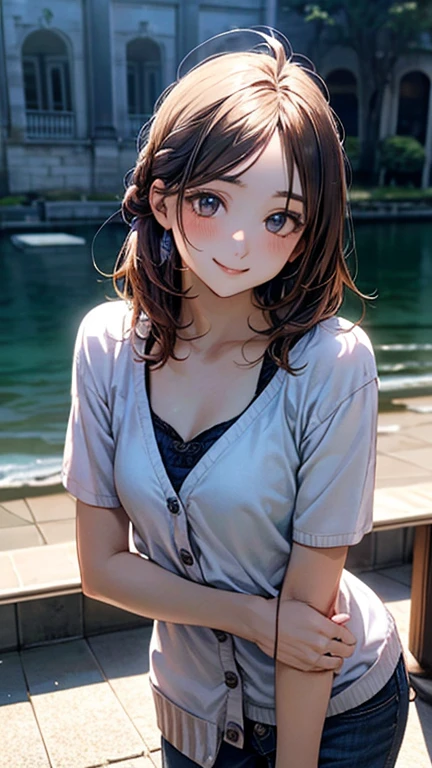 (obra de arte:1.2, maximum quality), (realista, photorealista:1.4), beautiful illustration, (natural side lighting, film lighting), 
olhando para o espectador, tiro de vaqueiro, vista frontal:0.6, 1 garota, Japanese, High school girl, rosto perfeito, beautiful and symmetrical face, pele brilhante, 
(cabelo longo:1.4, meio penteado:1.5, Cabelo castanho claro), cabelo entre os olhos, olhos castanhos escuros, chicote de olhos longo, (Seios grandes:0.6, coxas sedutoras), 
cabelo bonito, rosto bonito, lindos olhos detalhados, Beautiful clavicle, Corpo bonito, lindo peito, linda coxa, Lindas pernas, Lindos dedos, 
((camisas de colarinho branco de manga longa, minissaia plissada azul marinho, Marinha, Cardigan cinza claro)), calcinha rosa, 
(Beautiful scenery), Noite, riverside, andando, (Kind smile, olhos superiores),  de calcinha amostra para o seu corpo inteiro molhado 